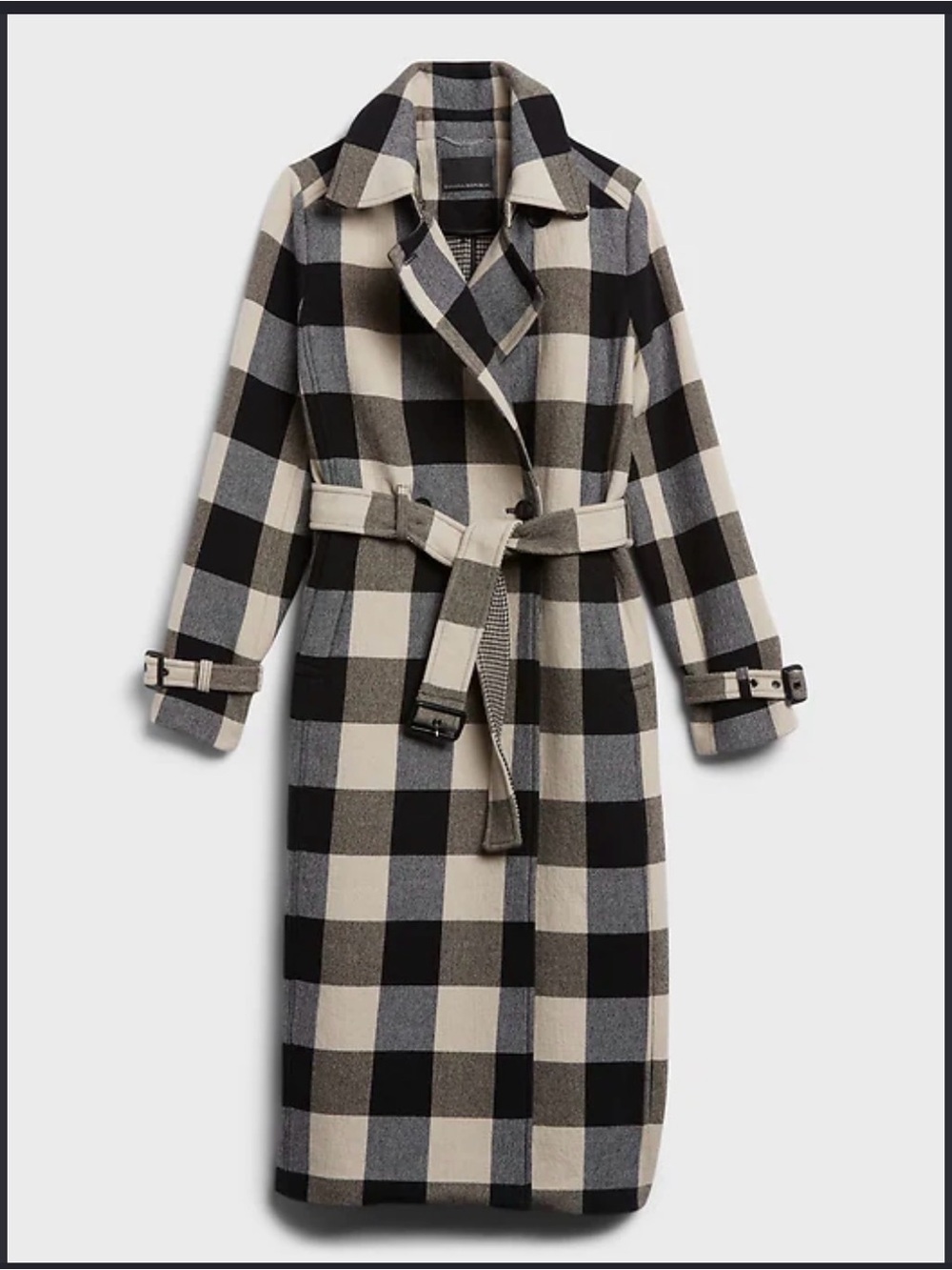 Banana Republic Black & Cream Buffalo Plaid Wrap Coat with Belt